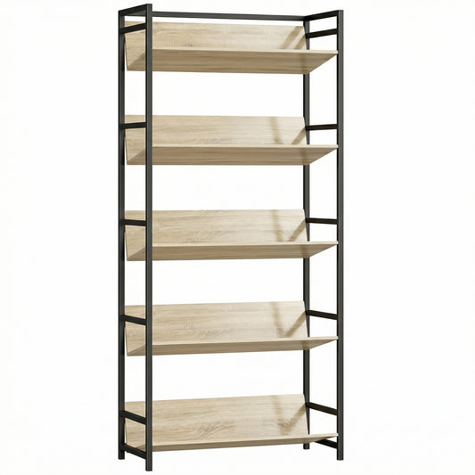 Bookshelf 5-Tier Metal Frame Bookcase Storage Shelves for Living Room Oak