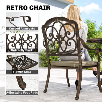 9 Piece Cast Aluminium Garden Dining Set, Garden Table and Chairs Set with Cushions, Parasol Hole for Patio, Bronze Tone