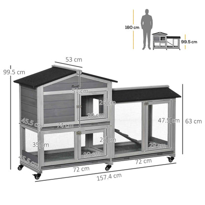 Wooden Rabbit Hutch, Guinea Pig Cage, with Wheels, Run, Slide-Out Tray, Ramp