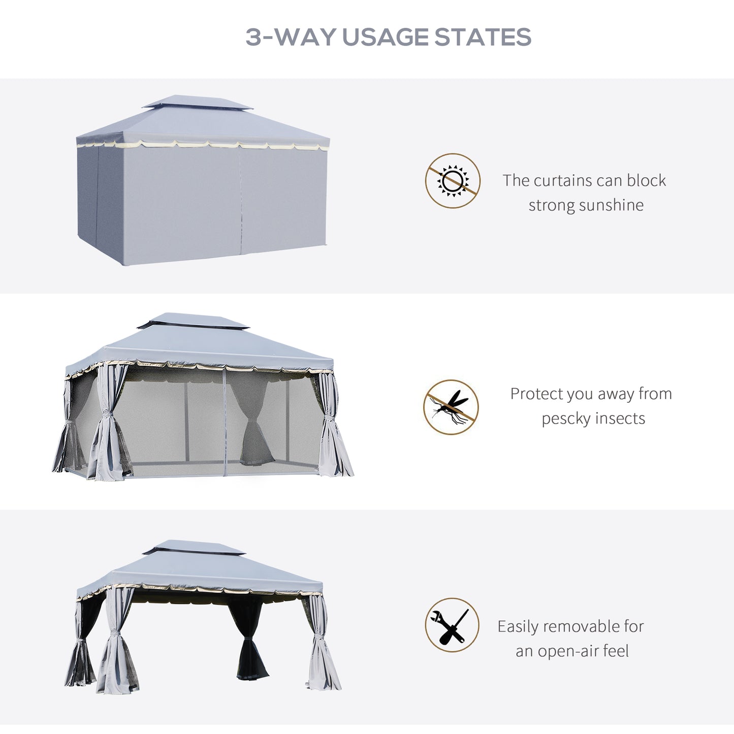 3 x 4m Aluminium Garden Gazebo, Marquee Canopy Shelter Pavilion Party Tent with Nets and Curtains for Garden and Deck, Grey