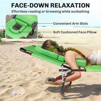 Folding Sun Lounger with Face Hole, 4-Position Adjustable Backrest Garden Recliner Chair Sunbed, Outdoor Lounge Chair