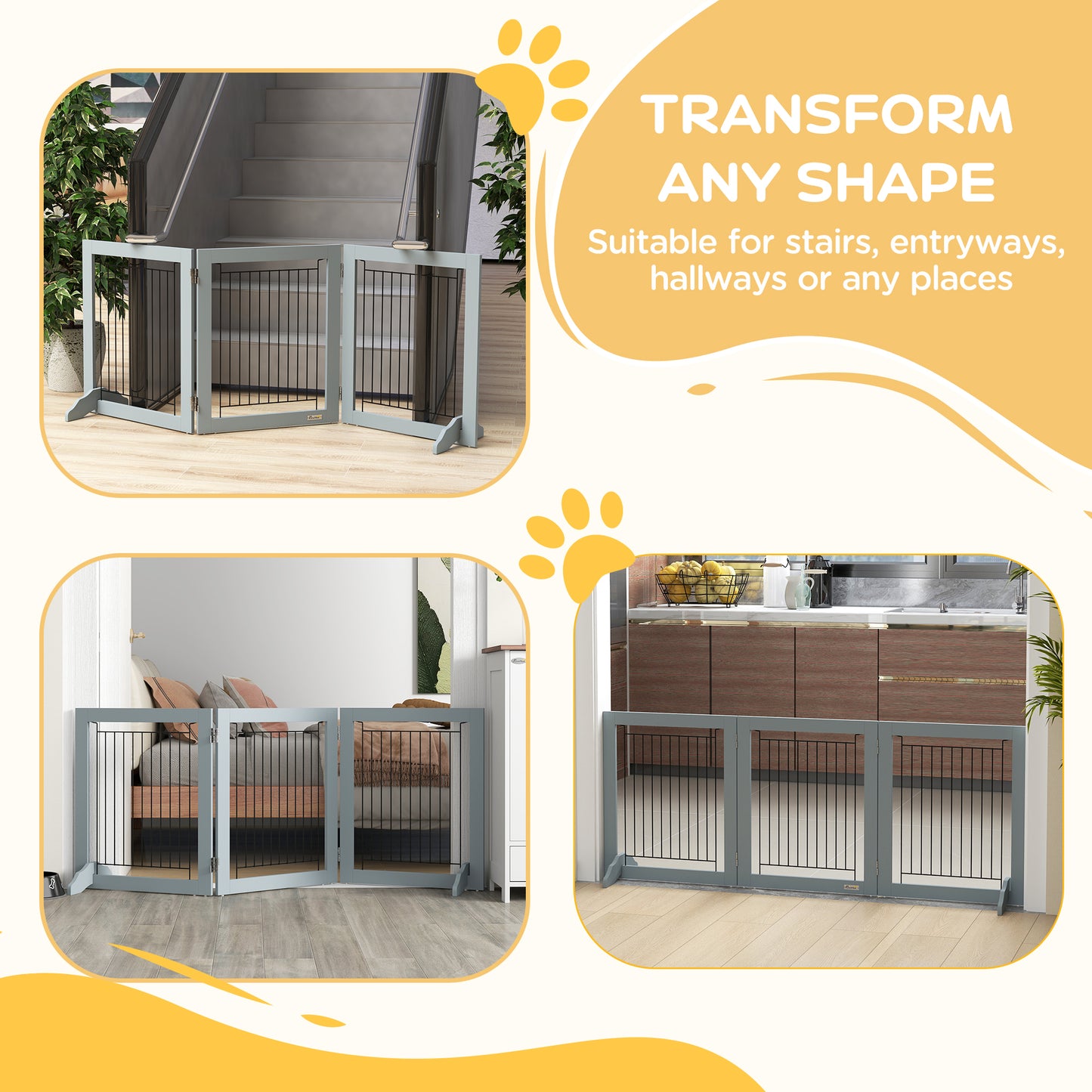 Foldable Pet Gate, with Three Panels & Two Support Feet - Grey
