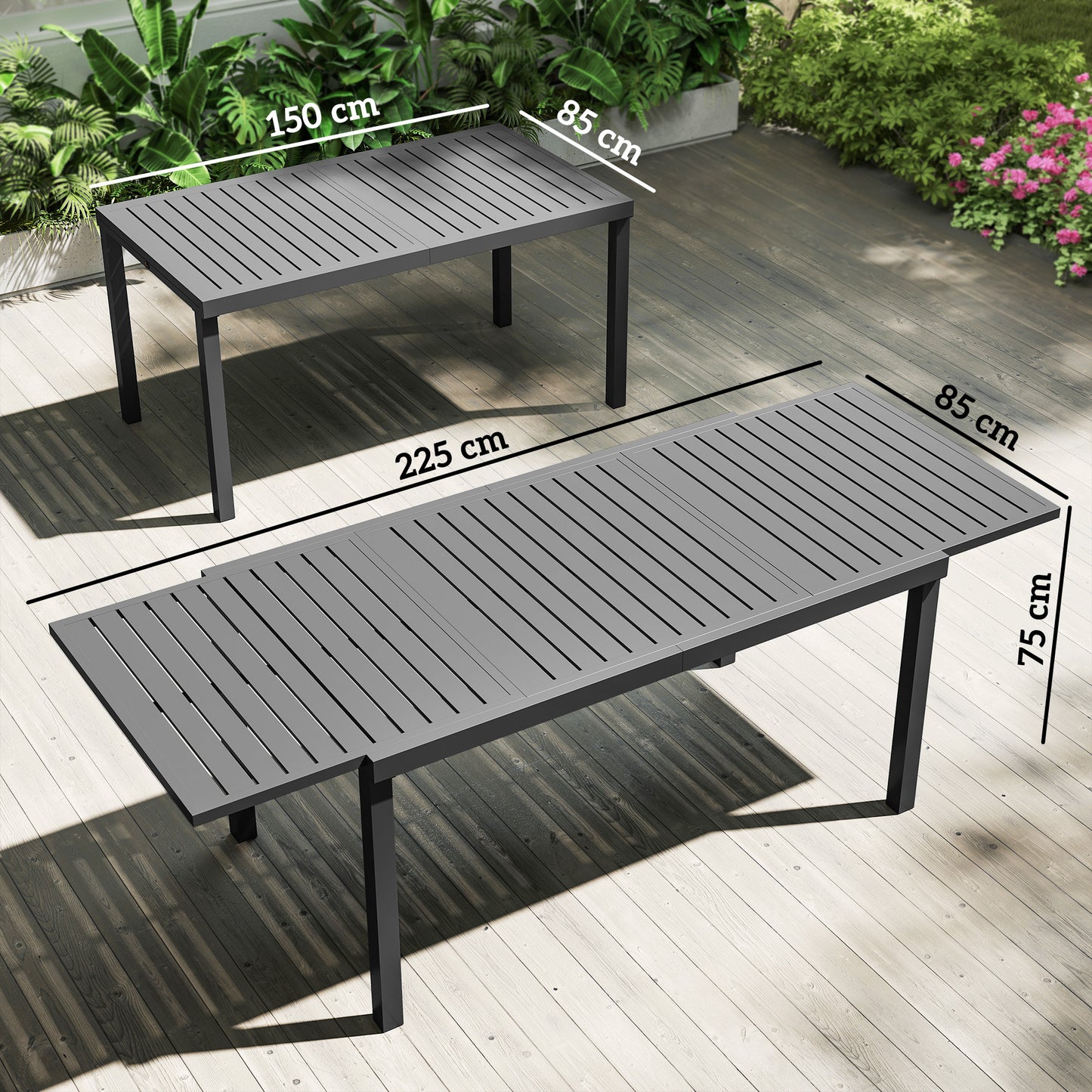 Extending Garden Table for 6-8 People, Full Aluminium Outdoor Dining Table with Slatted Top, Dark Grey