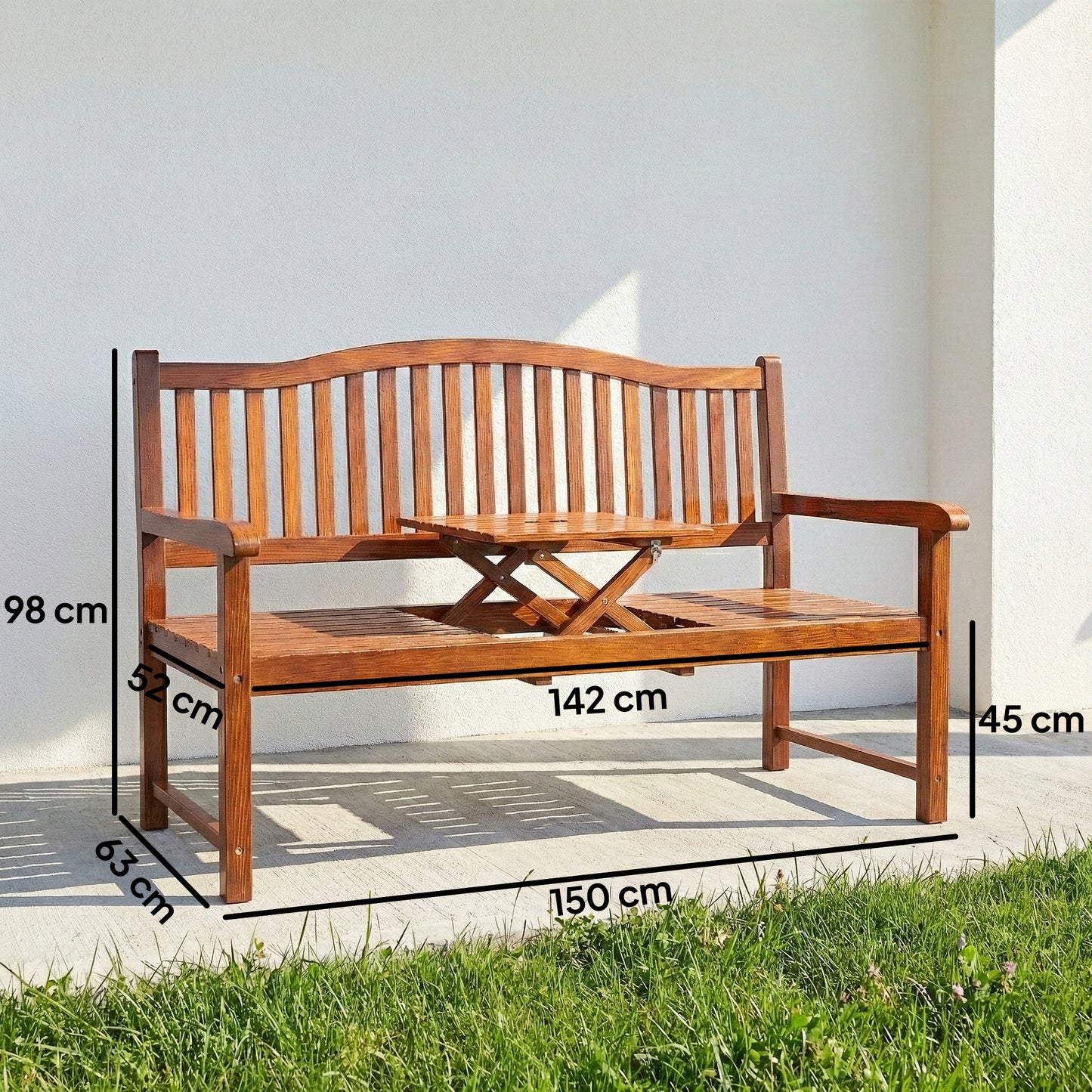 Garden Loveseat Bench, 2-3 Seater Outdoor Bench with Liftable Table and Waterproof Cover, Light Brown