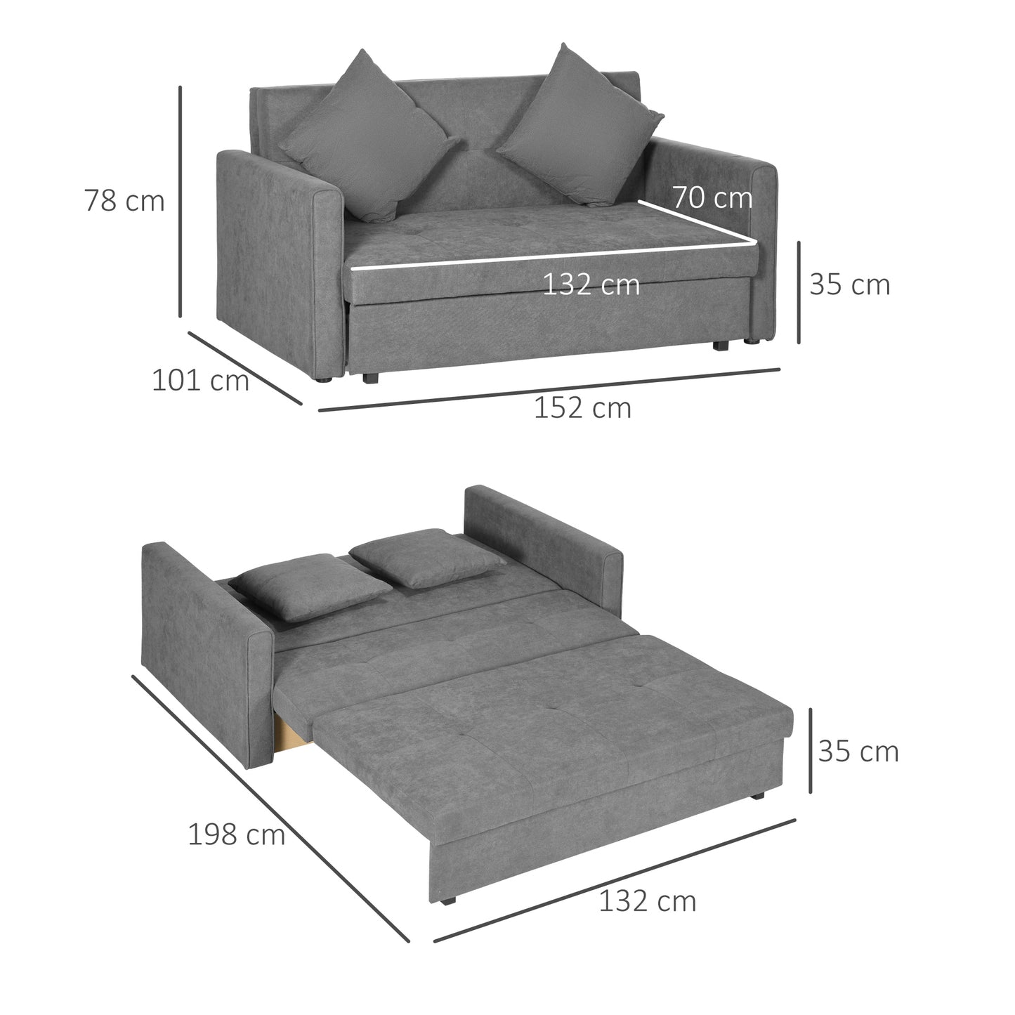 Snow Flannel Two-Seater Sofa Bed, with Storage - Grey