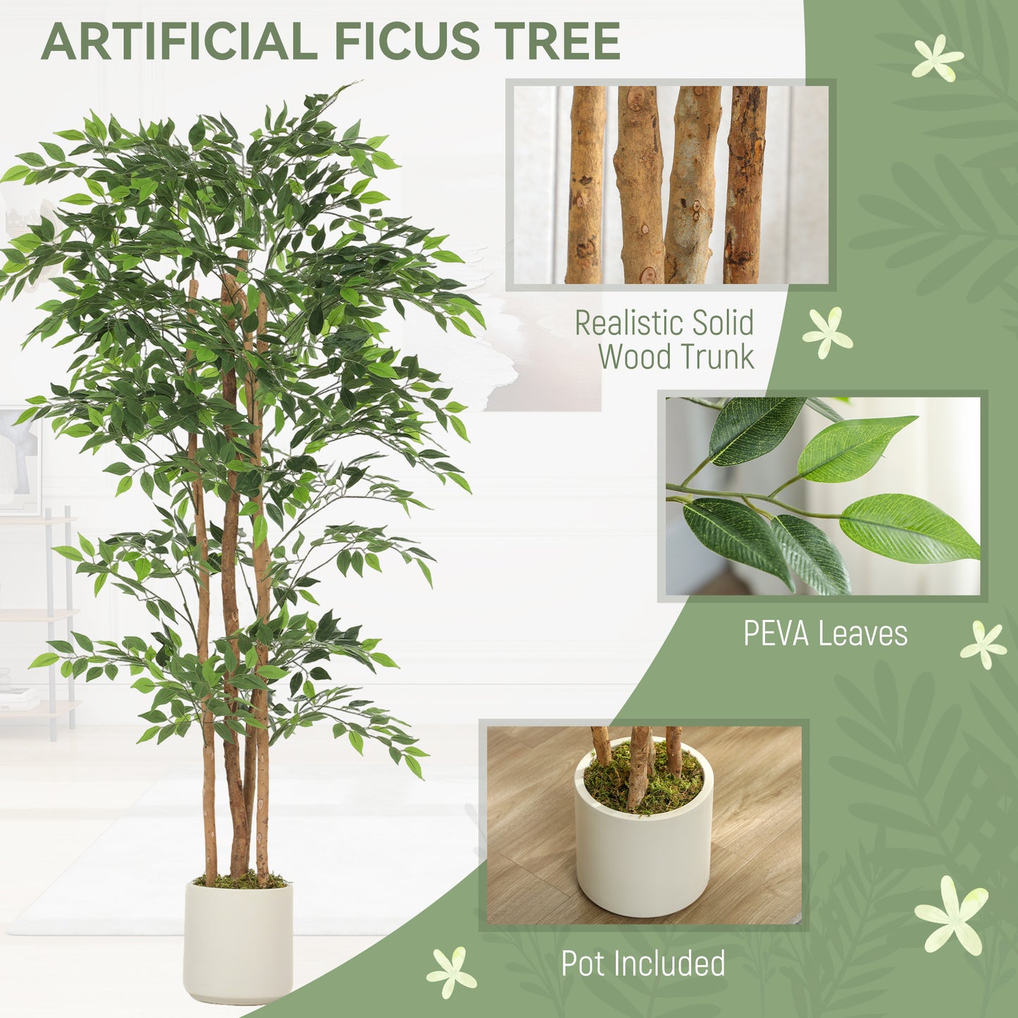 180cm Artificial Ficus Tree, Fake Potted Tree with Solid Wood Trunk and Pot for Indoor, Green
