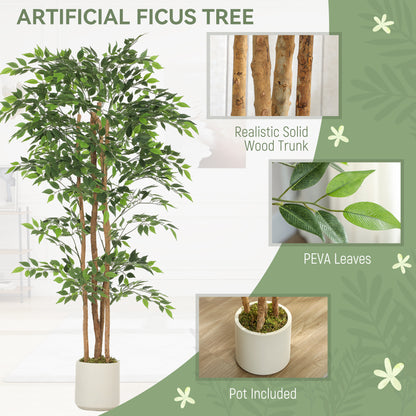 180cm Artificial Ficus Tree, Fake Potted Tree with Solid Wood Trunk and Pot for Indoor, Green