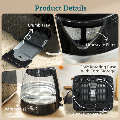 Kettle and Toaster Set, 1.7L 3000W Rapid Kettle with Strix Thermostat, 4 Slice Toaster with 7 Browning Controls, Black