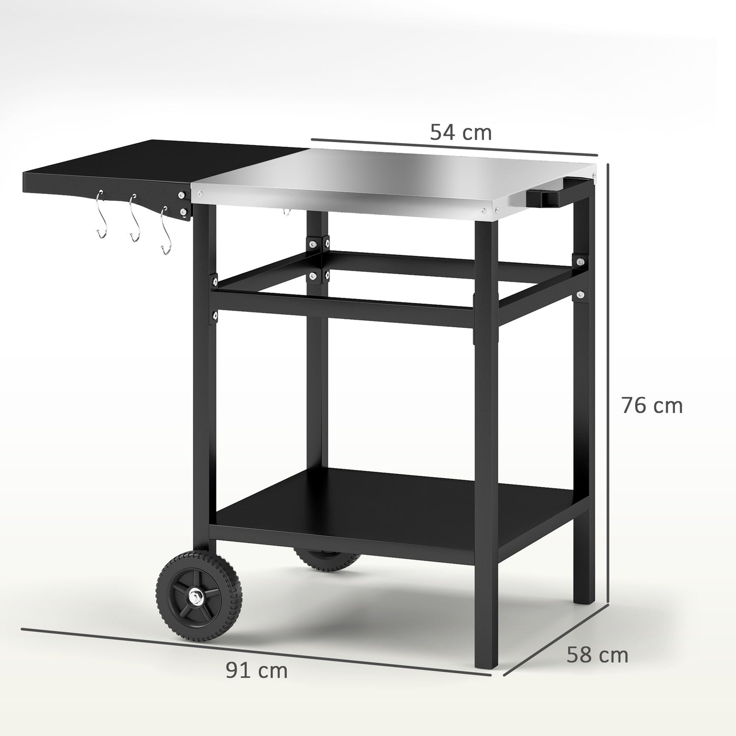 BBQ Trolley with Stainless Steel Top and Foldable Side Table, Outdoor Kitchen Barbecue Station with Hooks and Shelf