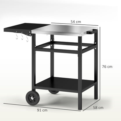 BBQ Trolley with Stainless Steel Top and Foldable Side Table, Outdoor Kitchen Barbecue Station with Hooks and Shelf