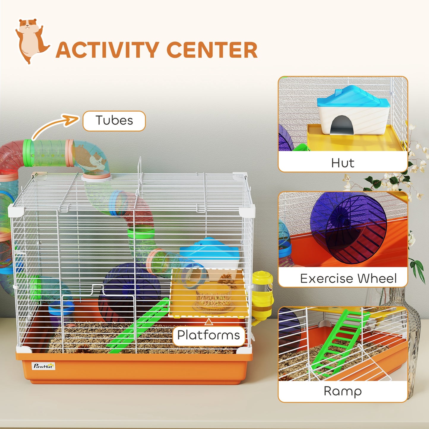 2 Tier Hamster Cage, Gerbil Cage with Handle, Exercise Wheels, Tunnel, Water Bottle, Dishes, Ladder, for Dwarf
