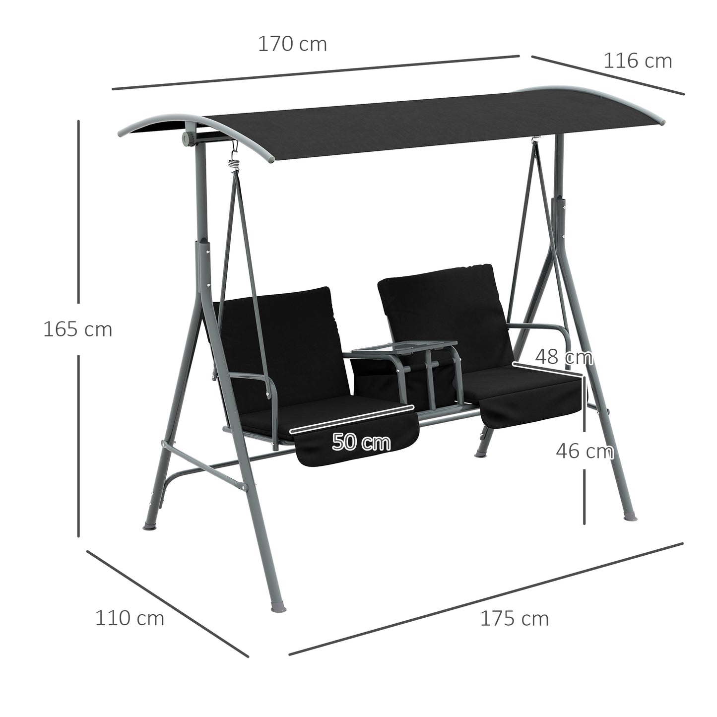 2 Seater Garden Swing Chair, Patio Swing Seat w/ Tilting Canopy, Double Padded Seats