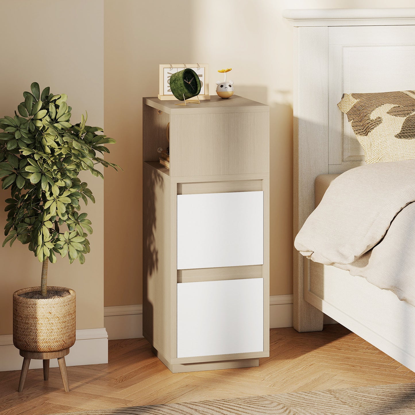 Slim Bedside Table, Narrow Bedside Cabinet with Open Shelf and 2 Drawers for Bedroom, Living Room, Natural Wood Finish