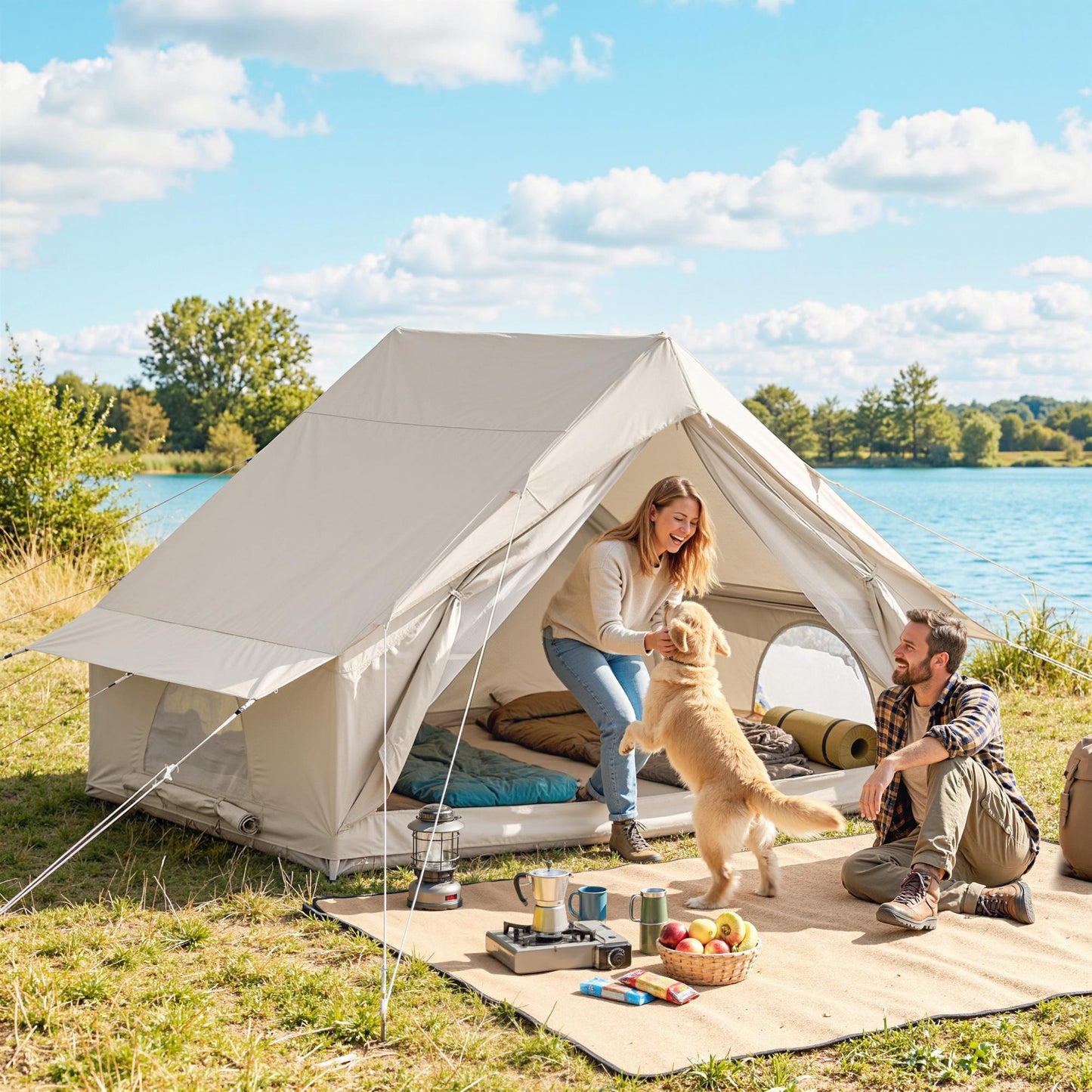Inflatable Tent Waterproof for Camping Blow Up Tent with Pump Carry Bag for 2-4 Person, Beige