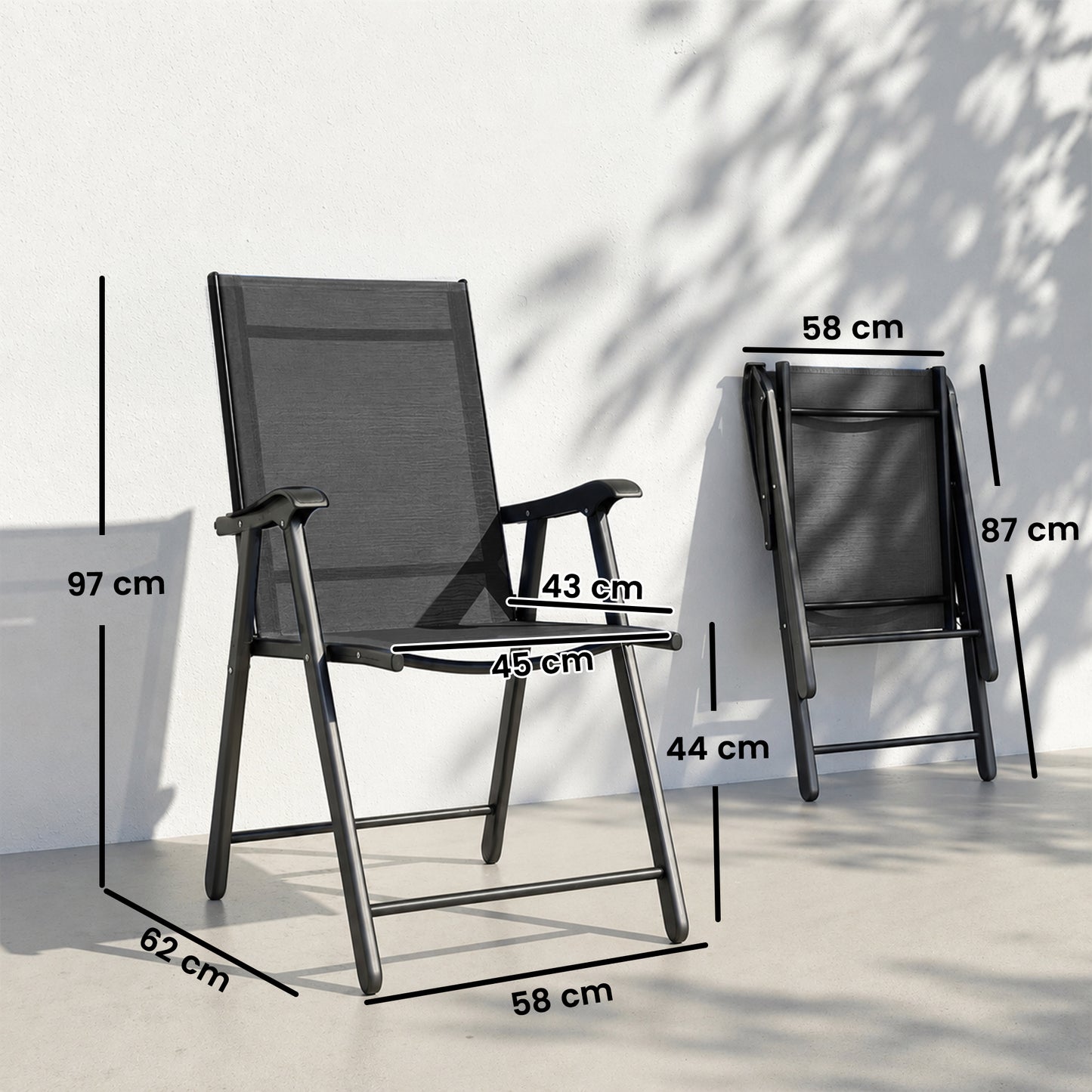 Folding Garden Chairs Set of 2, Foldable Garden Dining Chairs with High Back, Armrests, Texteline Seat, Black
