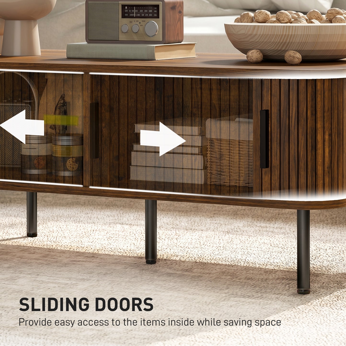 Coffee Table with Storage, Living Room Table with Slatted Tambour Sliding Doors and Adjustable Foot Pads