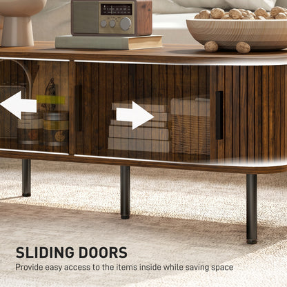 Coffee Table with Storage, Living Room Table with Slatted Tambour Sliding Doors and Adjustable Foot Pads