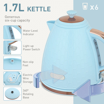 Kettle and Toaster Set, 1.7L 3000W Fast Boil Jug Kettle, 4 Slice Toaster with 7 Level Browning Controls, Light Blue