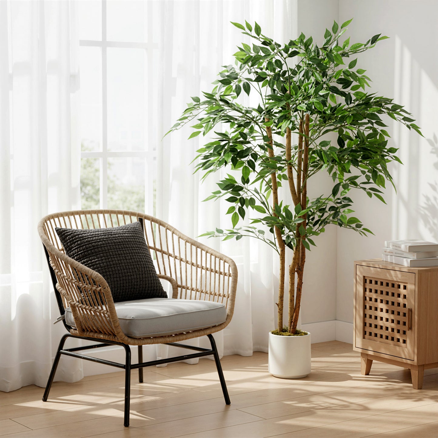 150cm Artificial Ficus Tree, Fake Potted Tree with Solid Wood Trunk and Pot for Indoor, Green