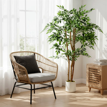 150cm Artificial Ficus Tree, Fake Potted Tree with Solid Wood Trunk and Pot for Indoor, Green