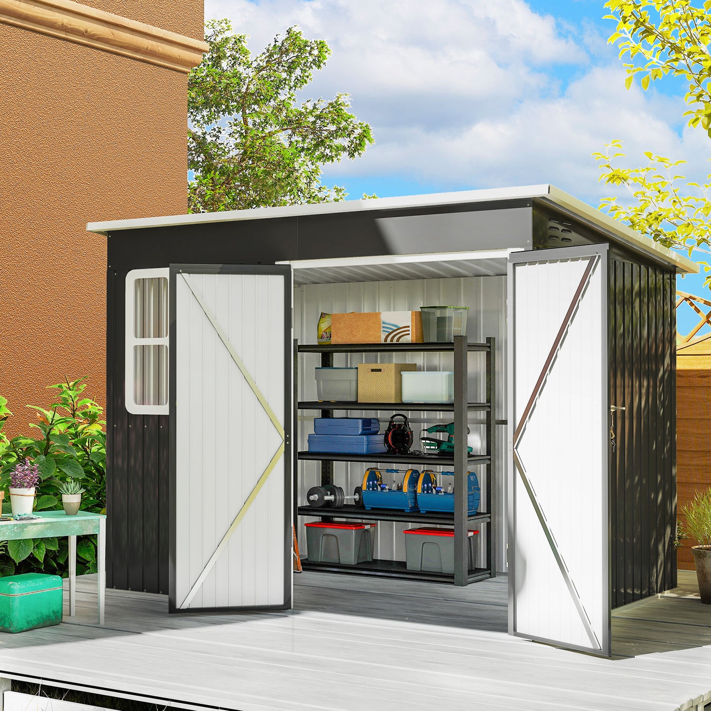 8.5 x 6ft Storage Shed Galvanised Steel Garden Shed, Metal Shed with Foundation Kit, Window