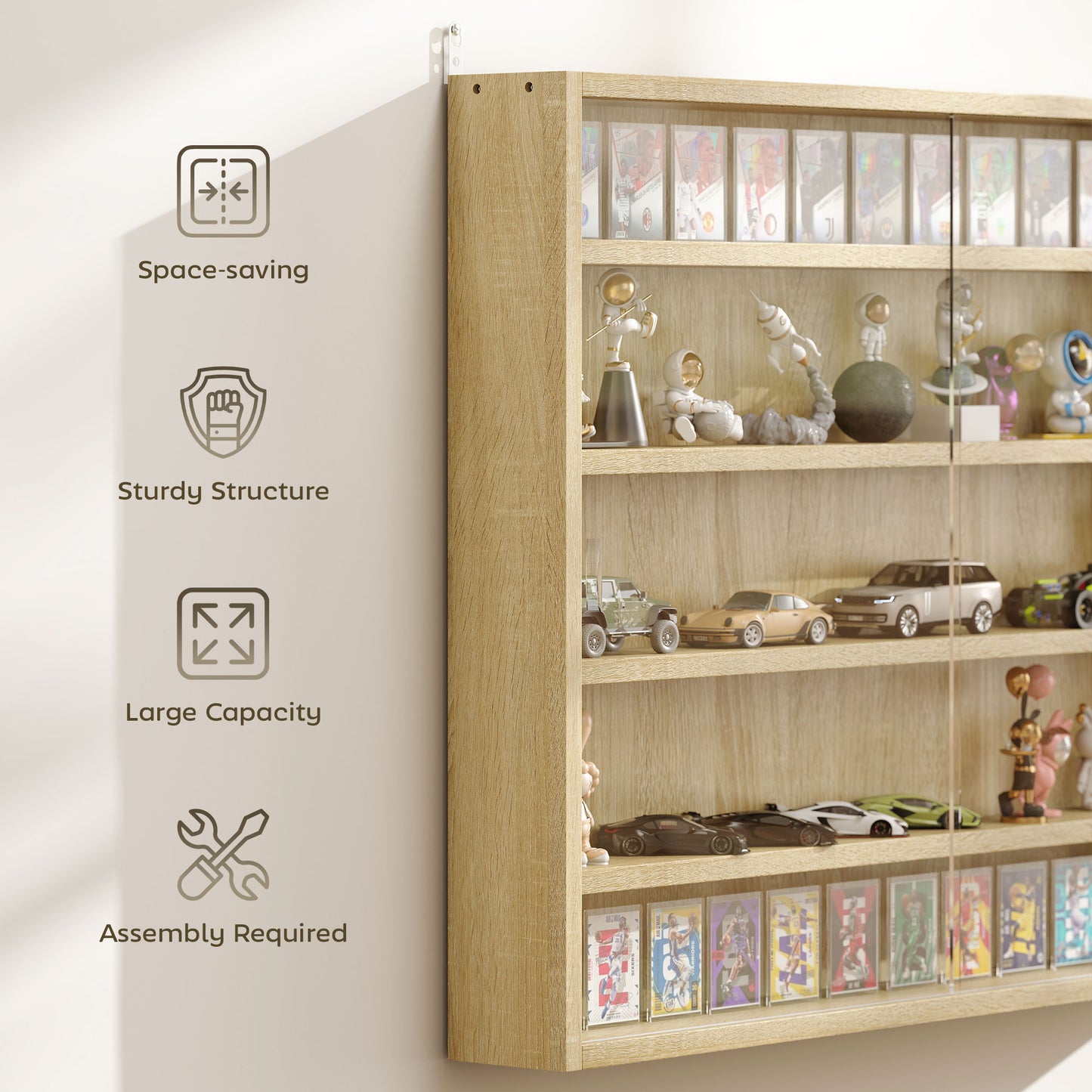 5-Tier Wall Display Shelf Unit Cabinet w/ 4 Adjustable Shelves Glass Doors Home Office Ornaments 60x80cm Oak