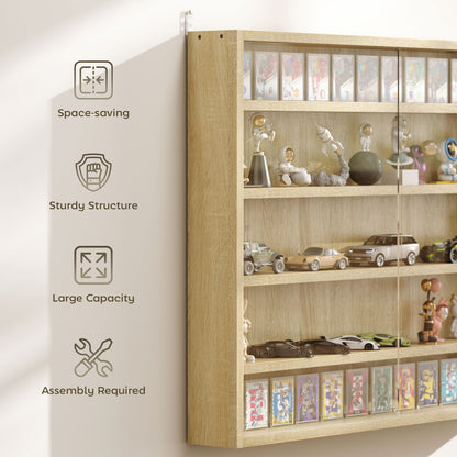 5-Tier Wall Display Shelf Unit Cabinet w/ 4 Adjustable Shelves Glass Doors Home Office Ornaments 60x80cm Oak
