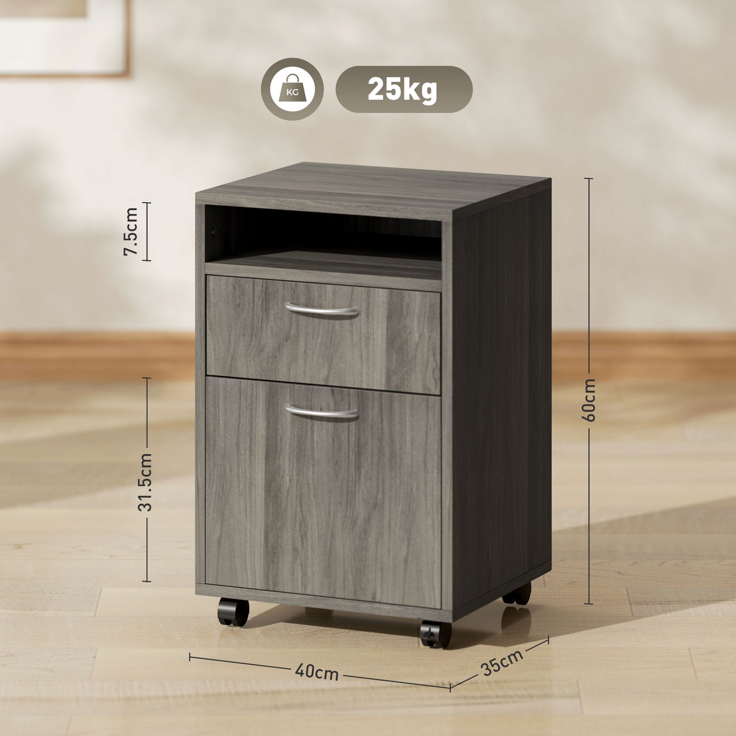 Filing Cabinet, Mobile File Cabinet with 2 Drawers, Office Home Organiser on Wheels for A4, Letter-Size File Folders