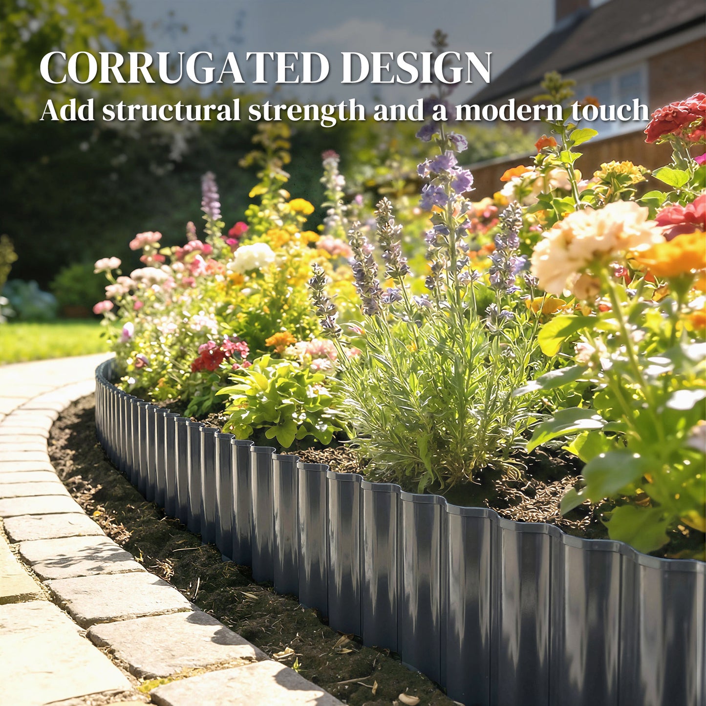 Metal Garden Edging Border, 8 in x 21.3 ft Corrugated Heavy Duty Galvanised Steel Lawn Edging, Dark Grey
