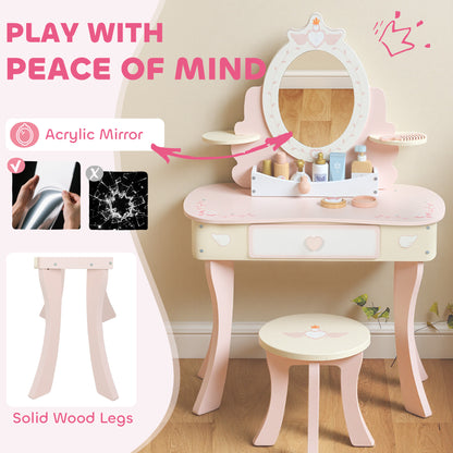 Kids Dressing Table, Girls Vanity Set with Mirror and Stool, 7 Play Accessories, Drawer, Desktop Storage, Pink