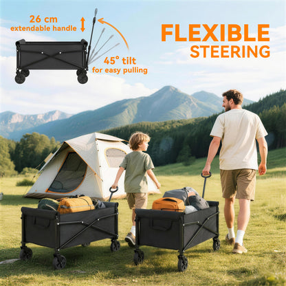 81L Festival Trolley on Wheels, Compact Garden Folding Trolley Cart with Adjustable Handle 80L Black