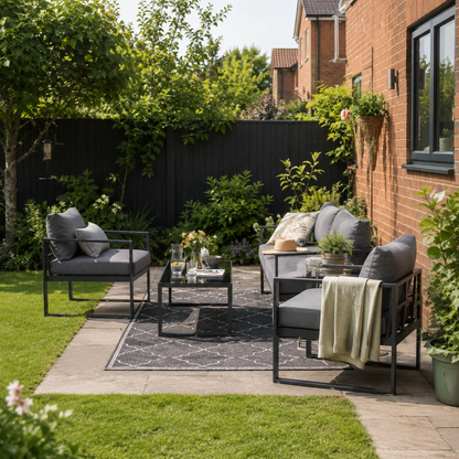 4 Pieces Garden Sofa Set 2 Single Armchair 1 Bench & Side Table Set Aluminium Frame Patio Furniture with Cushions Grey