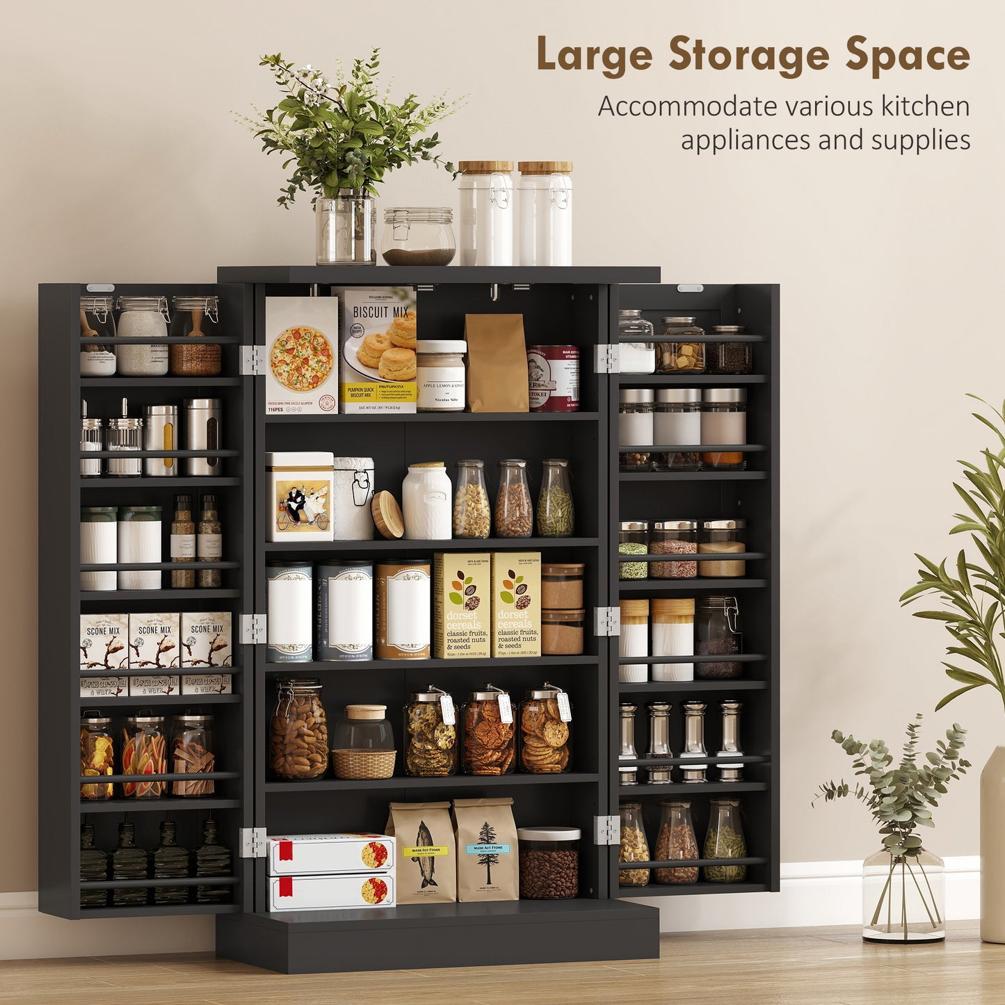 Kitchen Cupboard, Freestanding Multi-Storage Kitchen Pantry Cabinet with Adjustable Shelves, Black