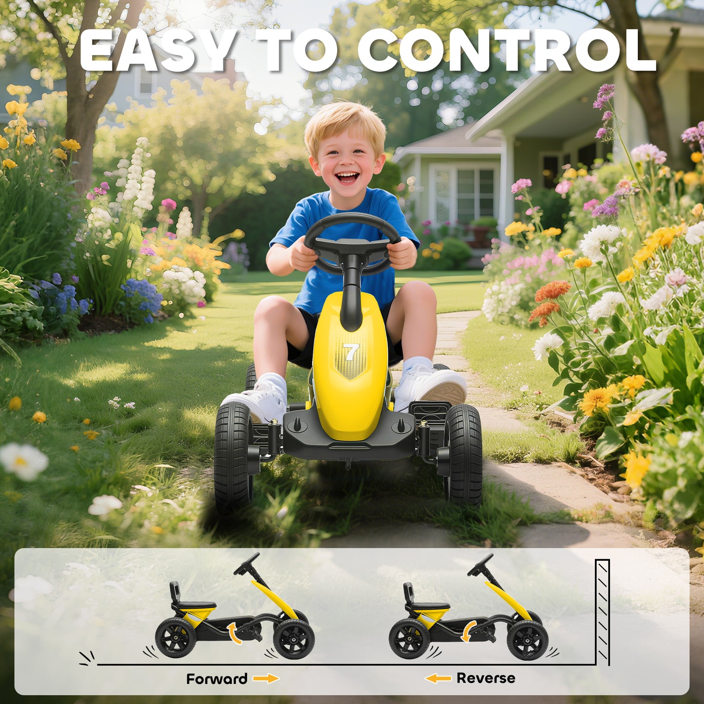 Pedal Go Kart for Kids 2-5 Years, with Silent EVA Wheels, Metal Frame, Yellow
