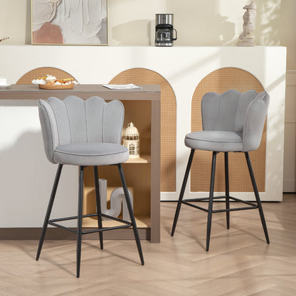 Set of Two Velvet-Feel Lotus Bar Stools - Grey