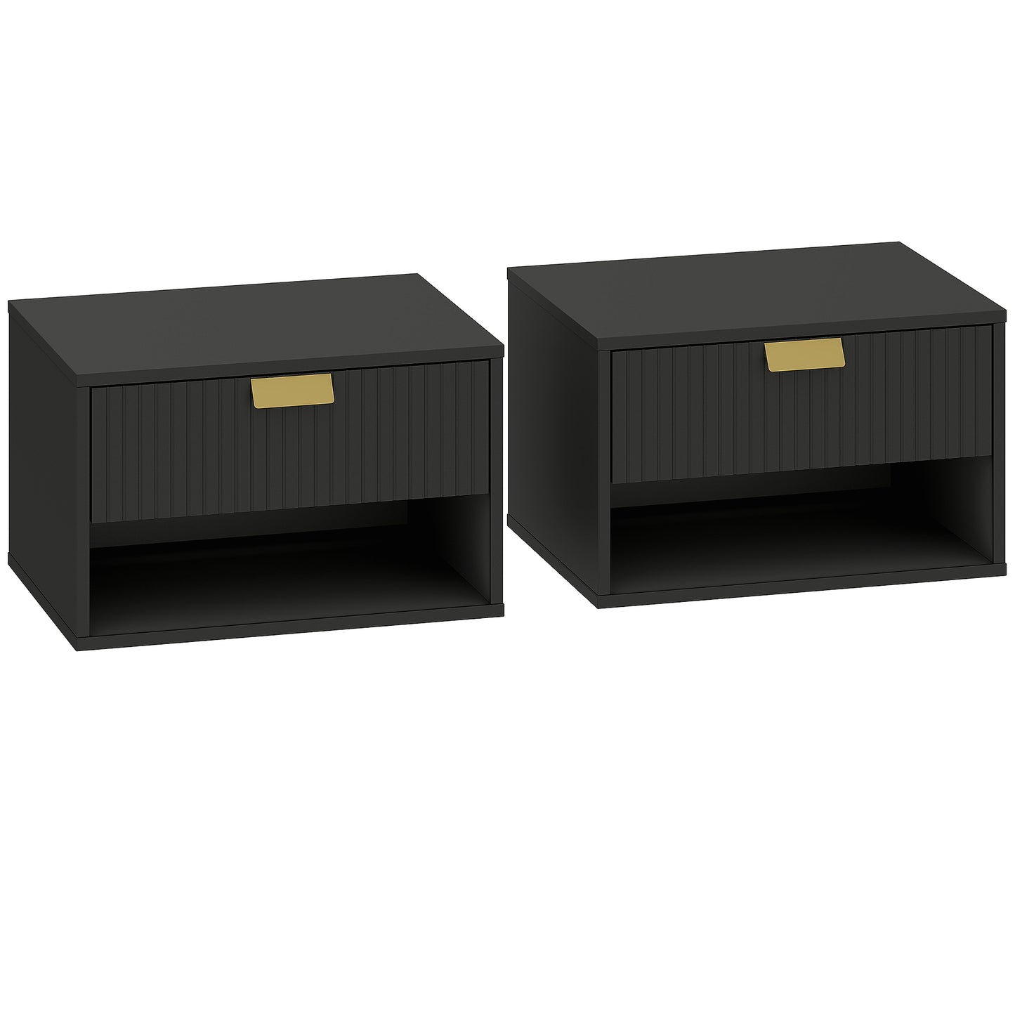 Set of 2 Wall Mounted Nightstands, Floating Bedside Tables with Fluted Drawer and Open Shelf for Small Bedroom, Black