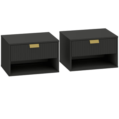 Set of 2 Wall Mounted Nightstands, Floating Bedside Tables with Fluted Drawer and Open Shelf for Small Bedroom, Black