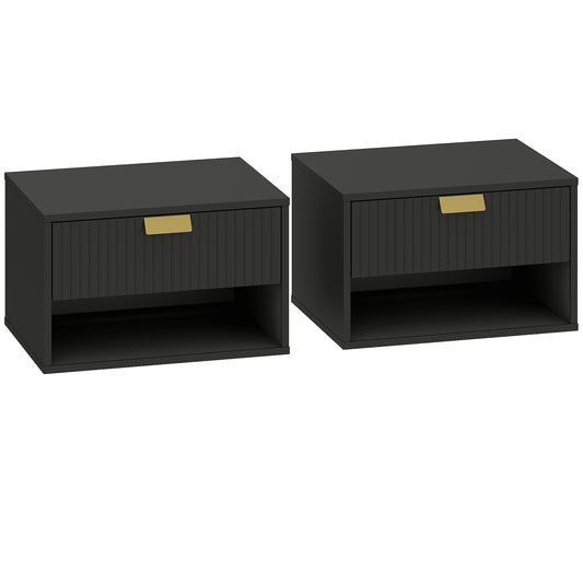 Set of 2 Wall Mounted Nightstands, Floating Bedside Tables with Fluted Drawer and Open Shelf for Small Bedroom, Black