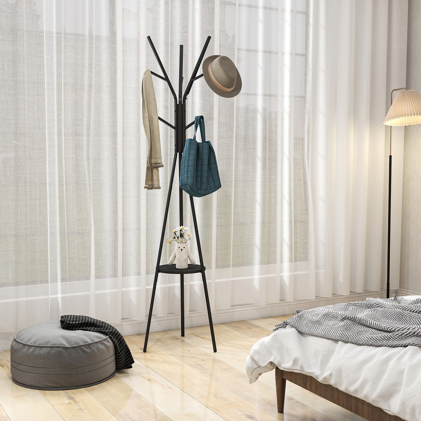 Freestanding Metal Coat Rack Stand 9 Hooks Clothes Tree with 1 Shelf Hat Display Hall Tree Hanger Bag Umbrella Hanging Organi