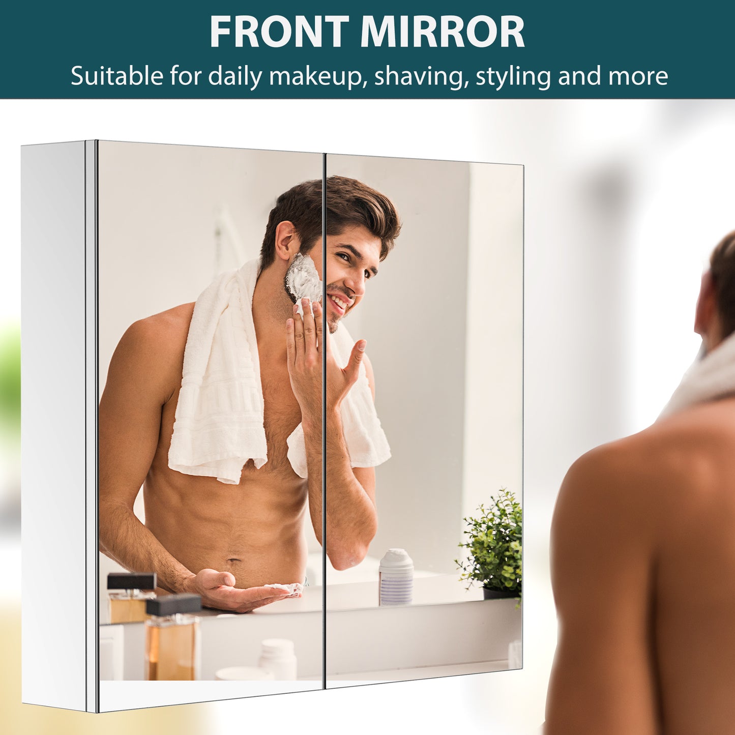 Bathroom Mirror Cabinet, Stainless Steel Wall Mounted Bathroom Storage Cabinet with Double Doors, 60x55cm