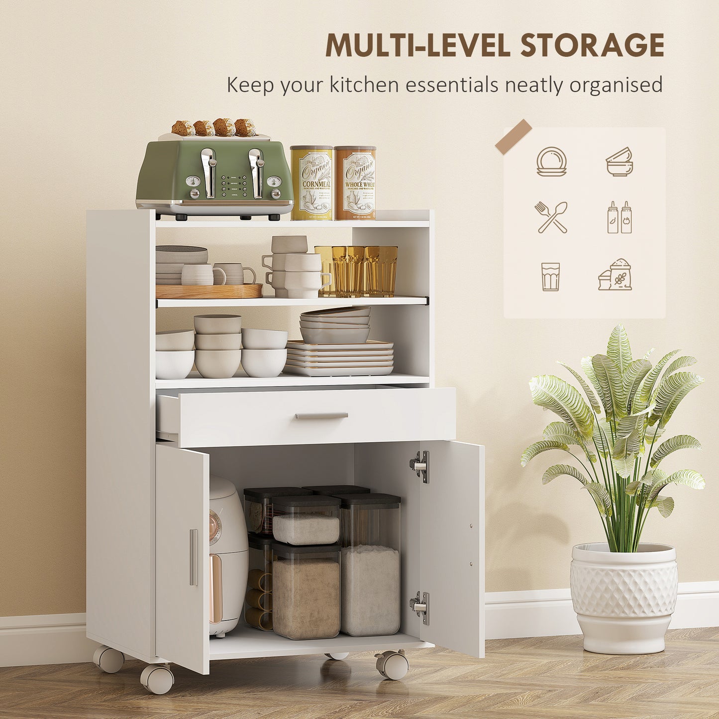 Kitchen Trolley with Wheels, Modern Mobile Microwave Stand with Slide-Out Shelf, Drawer and 2 Doors for Dining Room