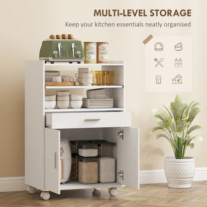 Kitchen Trolley with Wheels, Modern Mobile Microwave Stand with Slide-Out Shelf, Drawer and 2 Doors for Dining Room