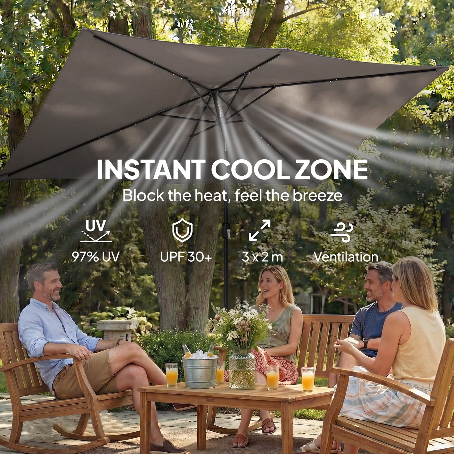 3 x 2 m Garden Parasol Umbrella with LED Solar Light, Parasol Cover, Outdoor Market Patio Umbrella, Dark Grey