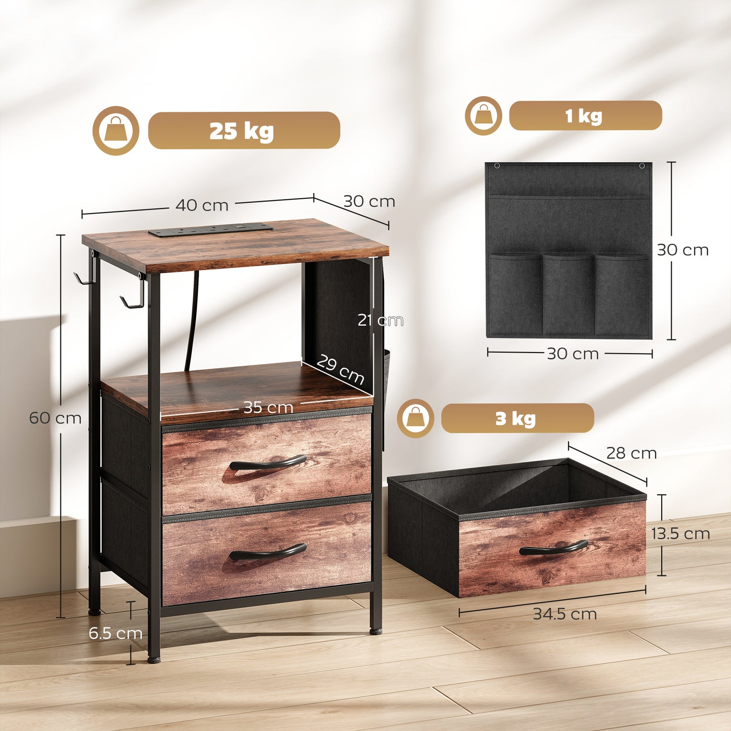 Bedside Table with Charging Station - Rustic Brown