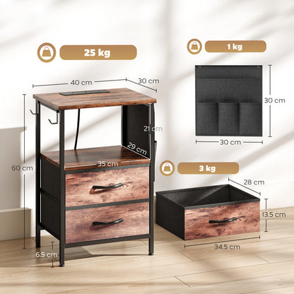 Bedside Table with Charging Station - Rustic Brown