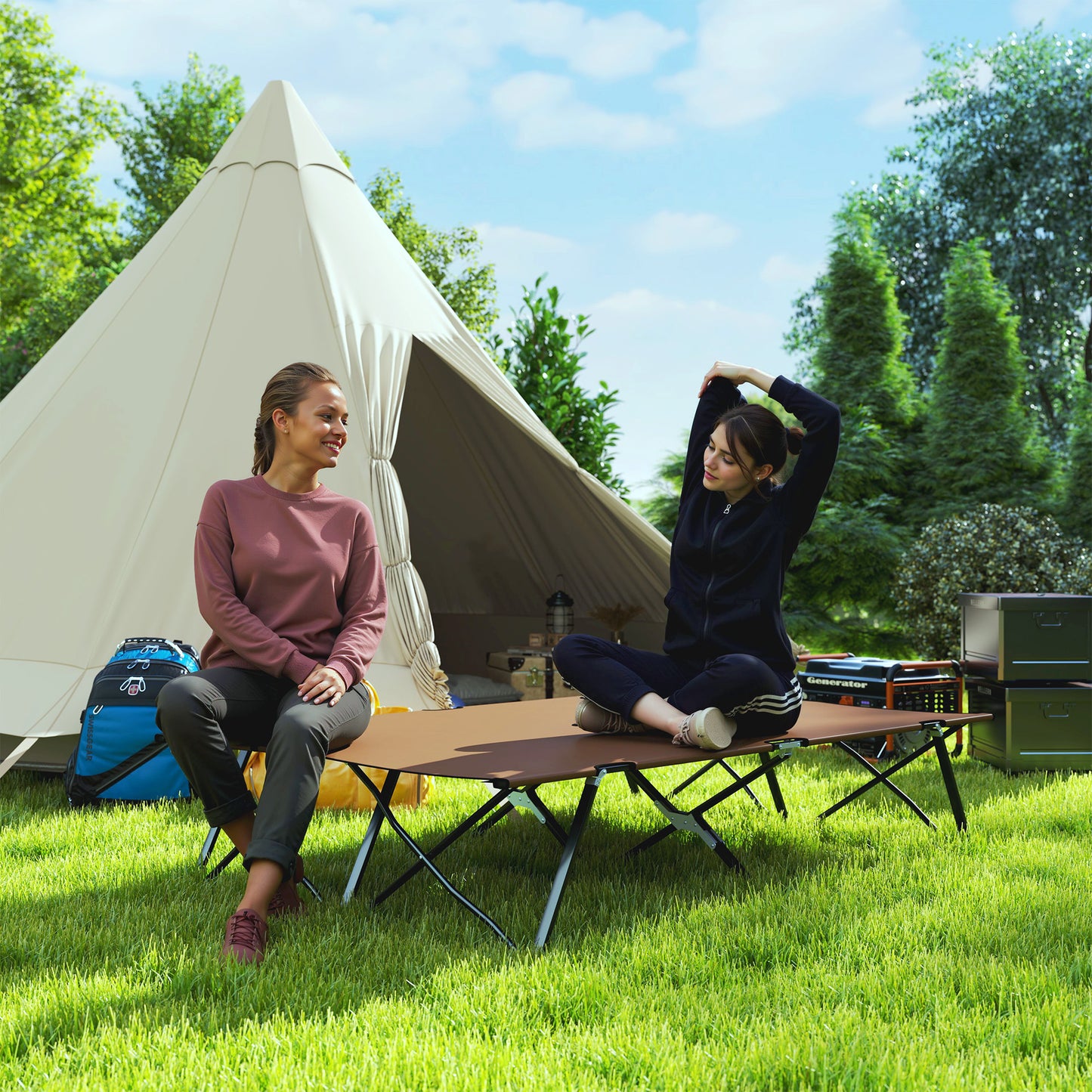 Double Camping Cot Bed, with Bag - Khaki