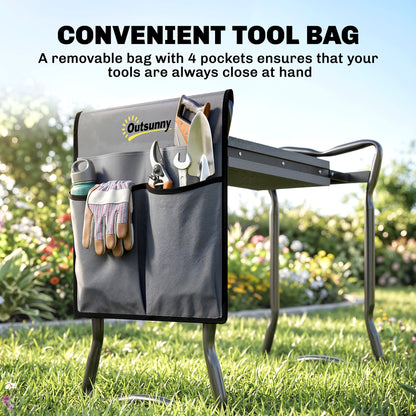 Steel Frame Padded Garden Kneeler, with Tool Bag - Grey