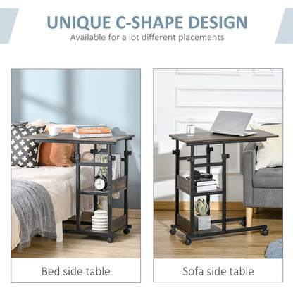 C-Shaped Side Table Industrial Mobile Rolling End Desk with 3-Tier Storage Shelving, Adjustable Height, Wheels