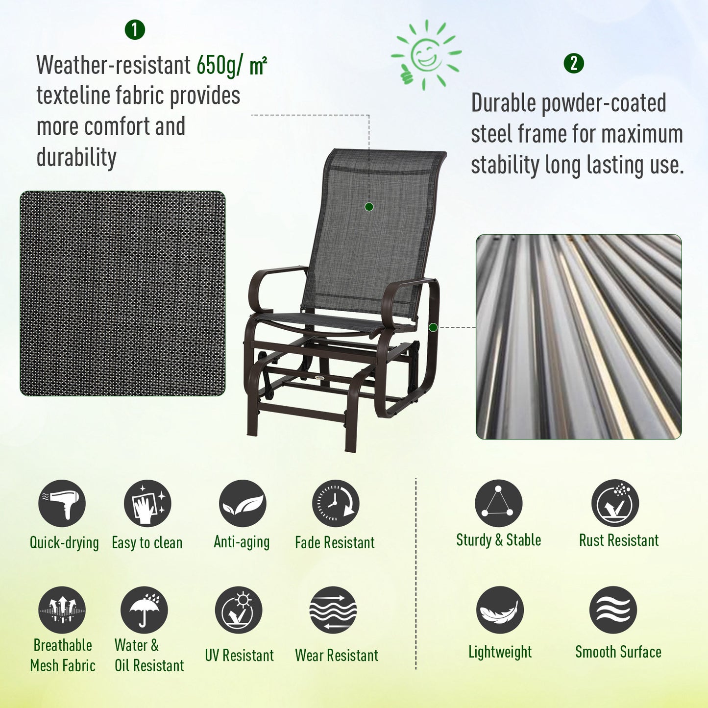 3 Pieces Garden Gliding Chair Set, Metal Frame 2 Single Armchair Swing Seater and 1 Glass Top Coffee Table w/ Breath Mesh Fab