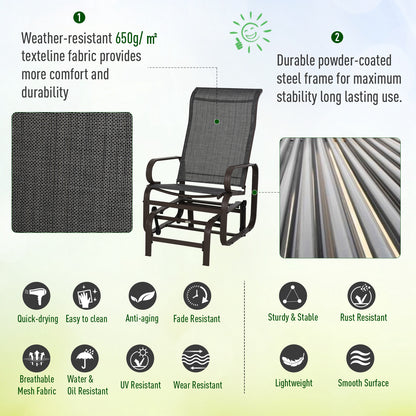 3 Pieces Garden Gliding Chair Set, Metal Frame 2 Single Armchair Swing Seater and 1 Glass Top Coffee Table w/ Breath Mesh Fab